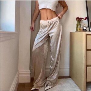 Shiny Cream Satin Wide-Leg Pants